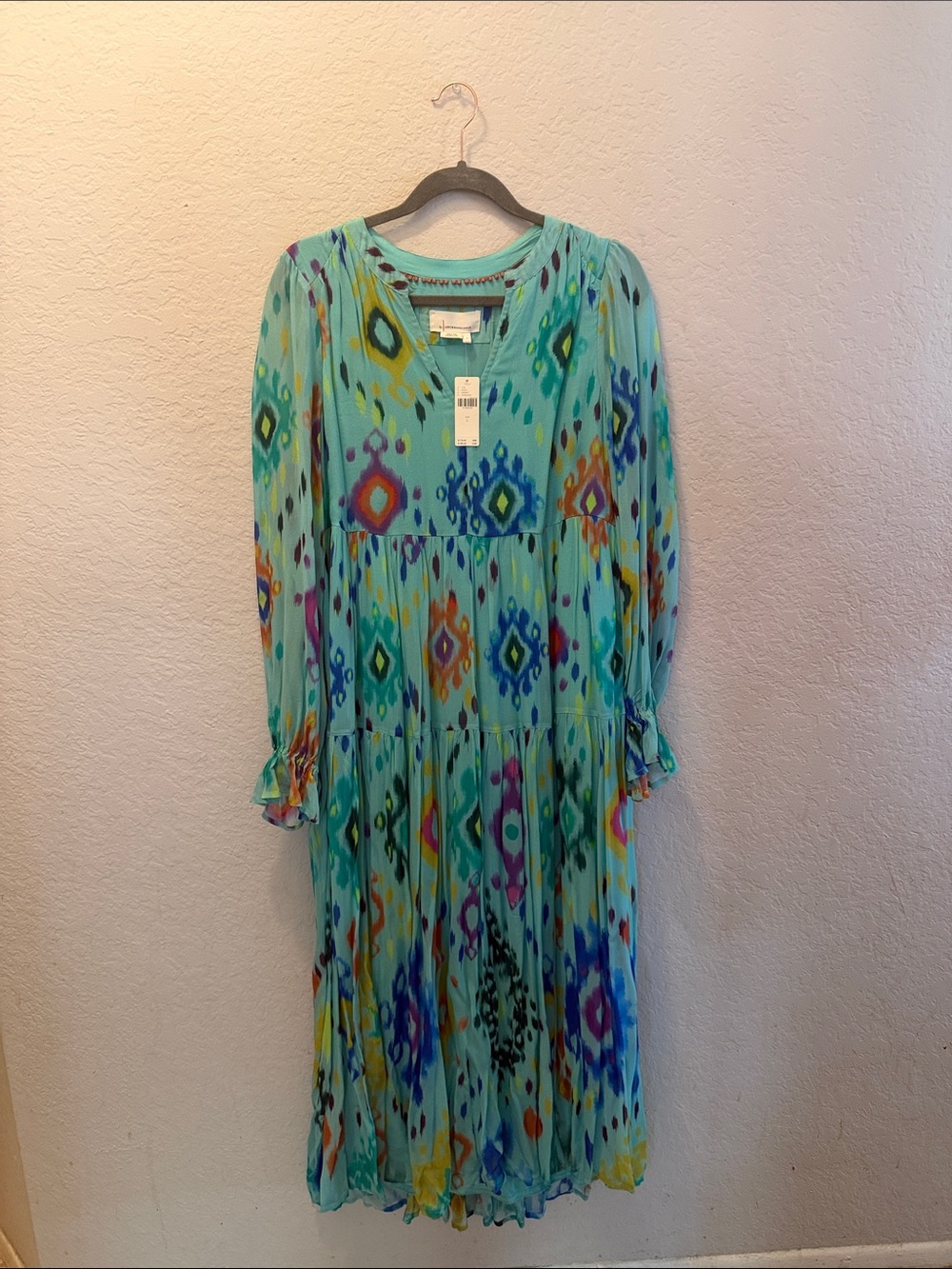 Anthropologie Turquoise Ikat-Print Long Sleeve Tiered Maxi Dress